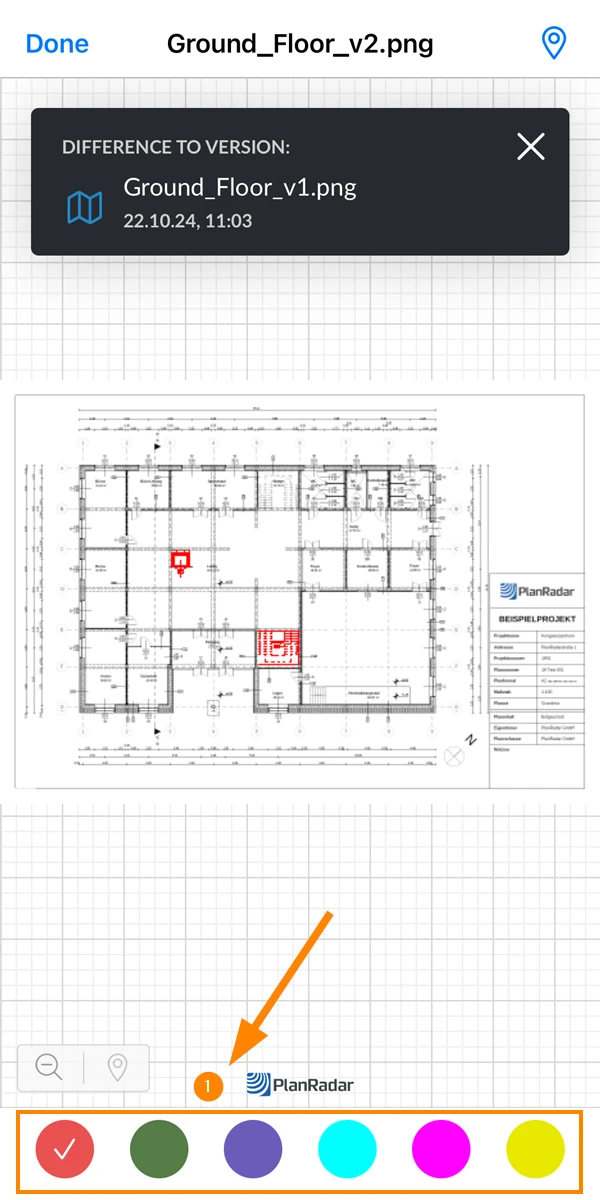 A plan version on mobile with the difference to another version highlighted in red, and the colour bar at the bottom