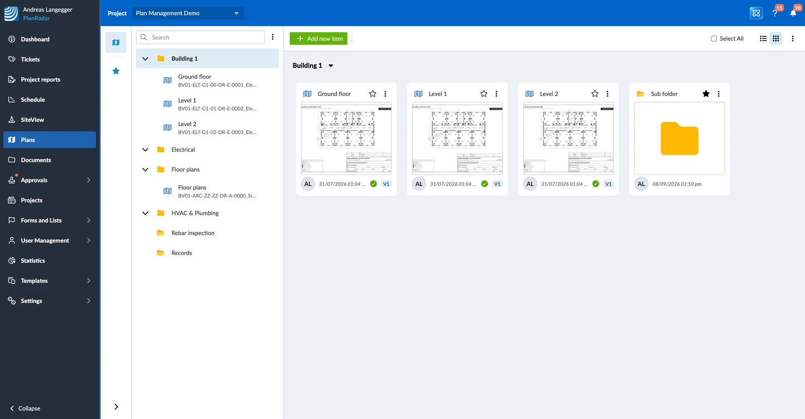 The grid view: one card per plan with its preview, version and status